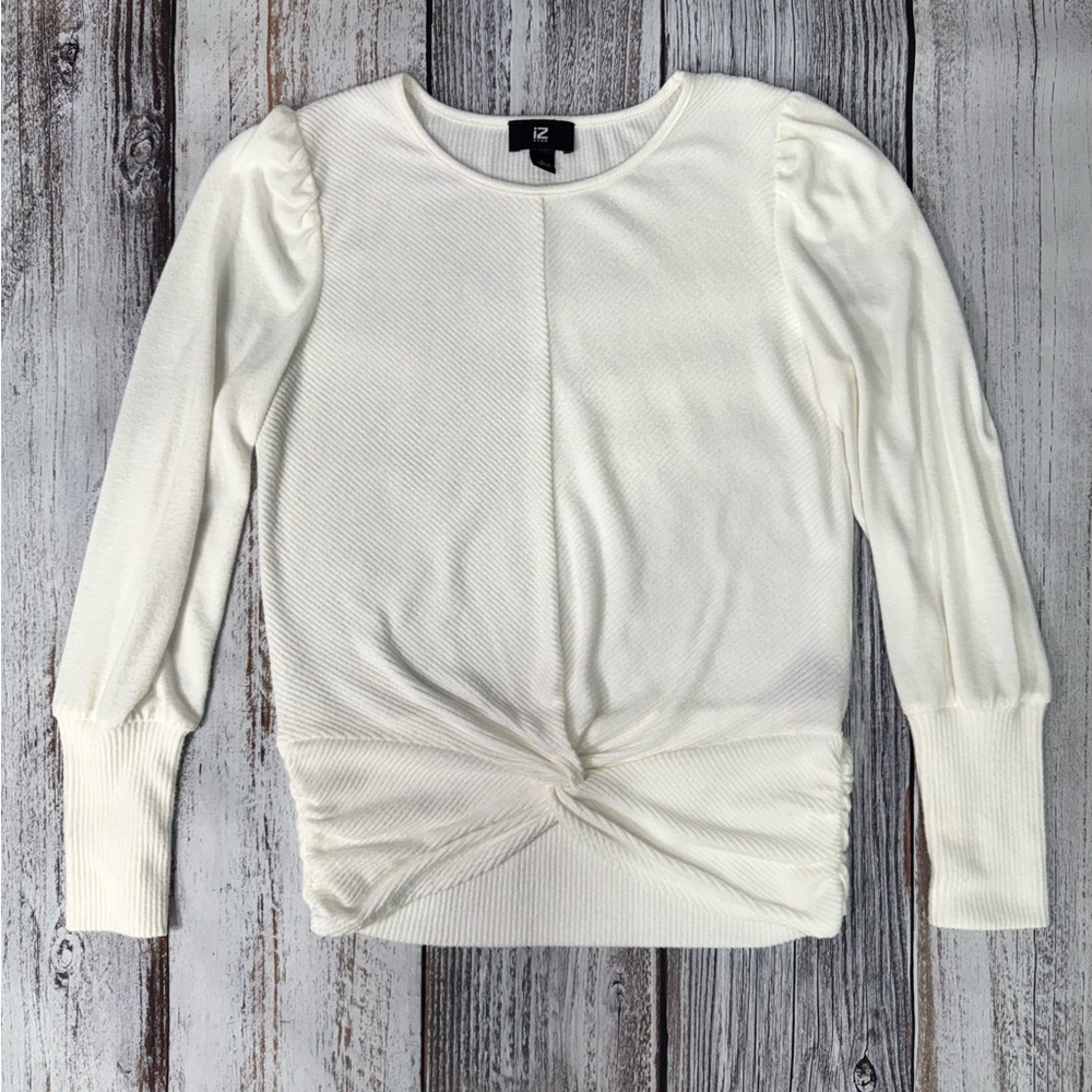 Iz Byer Off-White Ribbed Knit Twist Front L/S Blouse Super Soft Size Large